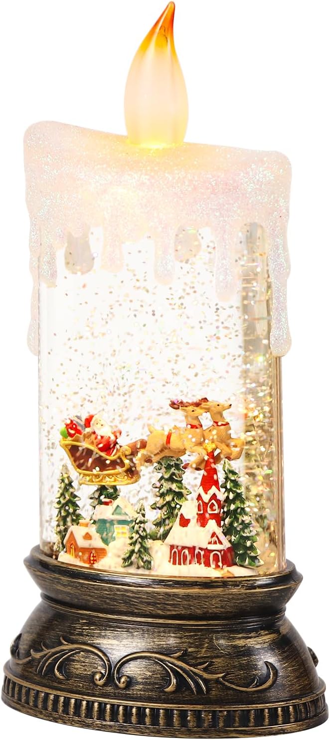 Eldnacele Christams Music Snow Globe Lantern with 6H Timer, Battery Operated & USB Powered Lighted Snowman Sleigh Deer Singing Snow Globe Candle Lamp Spinning Water Glitters Festival Gift Xmas Decor