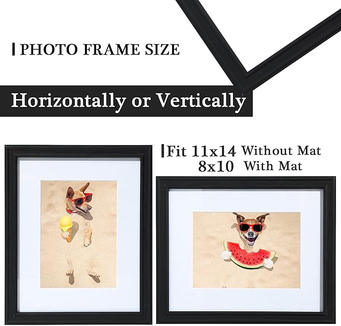 11x14 Picture Frame Black for Wall, 11 x 14 Poster Frame with Real Glass - Rustic Black Wooden Frame Display 8x10 Picture with Mat and 11x14 without Mat for Home Decor Gifts