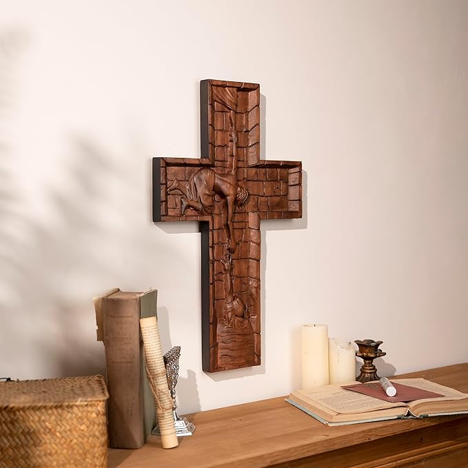 BGCOPPER Crucifix Wall Cross Handmade Wooden Cross with Hook, Christian Wall Art Jesus Wall Cross Gifts for Church Home Room Decor Christmas Cross - 6 Inch