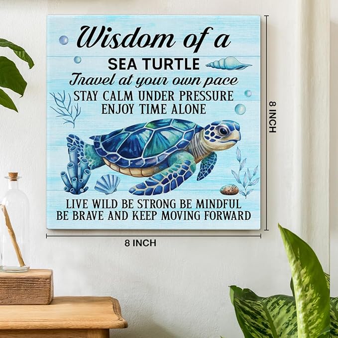 Sea Turtle Wall Art Decor Inspirational Wall Decor Posters Beach Themed Decoration for Bathroom Bedroom Living Room Home Office, Sea Turtle Gifts for Turtles Lovers (8 X 8 Inches, Framed)
