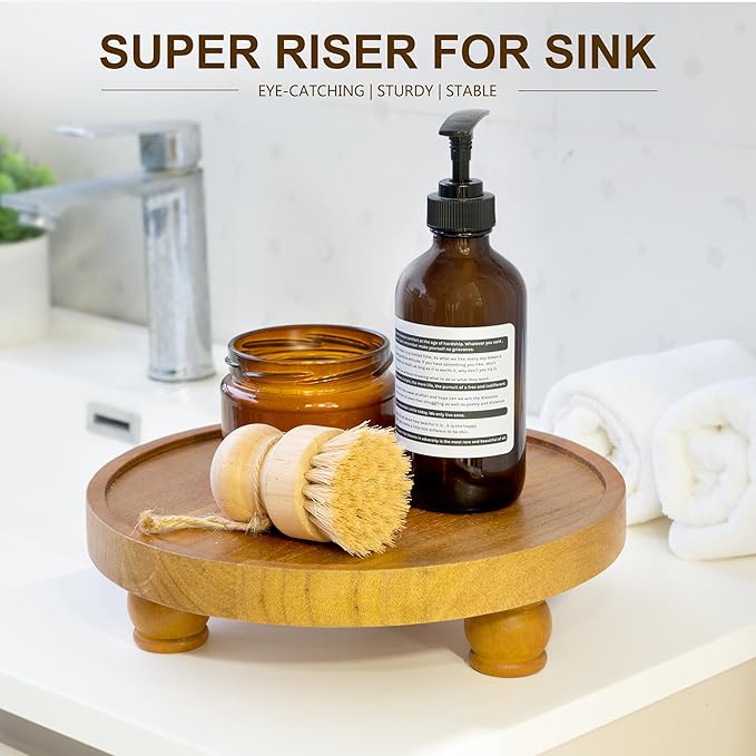 EOSAHR Farmhouse Round Wood Riser – Wooden Tray Pedestal Stand for Bathroom Decor & Kitchen Sink – Decorative Riser Display Stand for Cupcake and Sponge (Light Brown)
