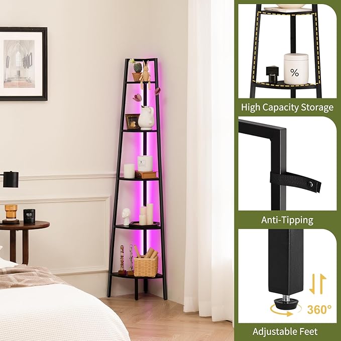 Yoobure Corner Shelf Stand, 5-Tier Bookshelf with LED Lights & Steel Frame, Tall Storage Shelves for Living Room, Bedroom, Office, Multi-Purpose Display Bookcase