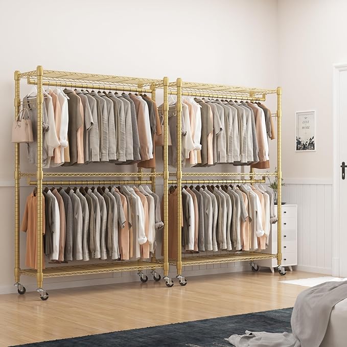 BATHWA Heavy Duty Garment Rack on Wheels, Rolling Clothes Racks for hanging clothes, Modern Closet Wardrobe Clothing Rack with 8 Side Hangers, Gold