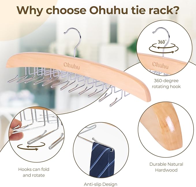 Ohuhu 24-Hook Wooden Tie Rack Organizer - Space Saving Closet Hanger with 360° Rotating Hooks, Anti-Slip Clips for Ties, Belts, Scarves - Premium Hardwood & Rustproof Steel Construction