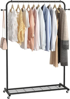 Sywhitta Clothing Rack on Wheels with Mesh Storage Shelf & Sturdy Metal Frame, Rolling Garment Rack for Hanging Clothes, Coats, Skirts, 39.76" L x 16" W x 64.56" H,Black