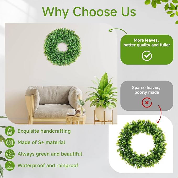 Vlorart 20 Inch Faux Round Boxwood Wreath, Weatherproof Wreaths for Front Door, Artificial Spring Summer Greenery Wreath with Sash for Farmhouse Wedding Year Round Indoor and Outdoor