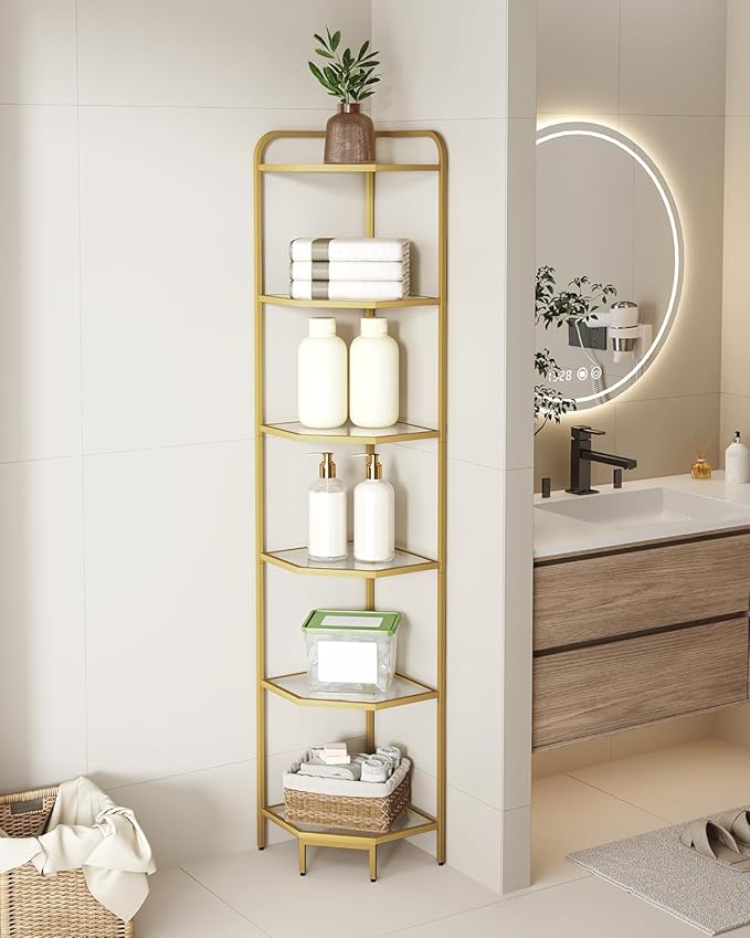 Hzuaneri Corner Shelf Stand, 6-Tier Glass Bookshelf Bookcase, Bathroom Organizer, Plant Stand, Steel Frame, Tempered Glass, Modern Style for Living Room, Bathroom, Kitchen, Golden CS90600G