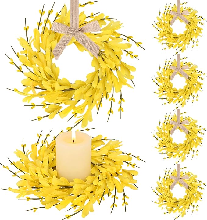 6 PCS 9'' Mini Spring Forsythia Wreath for Front Door Small Artificial Forsythia Farmhouse Kitchen Cabinet Wreaths with Burlap Ribbon Hanging Spring Summer Floral Wreaths for Porch Wall Window Decor