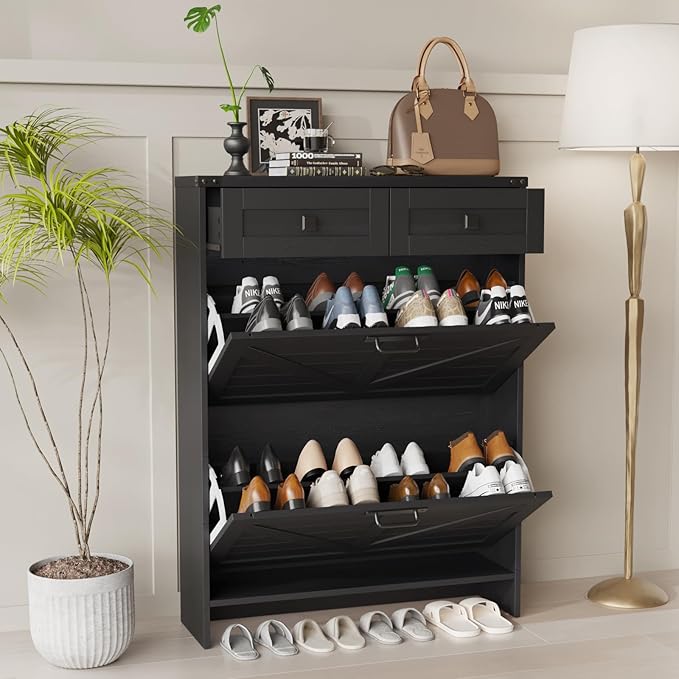 Shoe Cabinet with 2 Flip Drawers & 2 Drawers,Farmhouse Shoe Storage Cabinet for Entryway,Slim Freestanding Narrow Organizer Rack for Front Door Entrance,Black