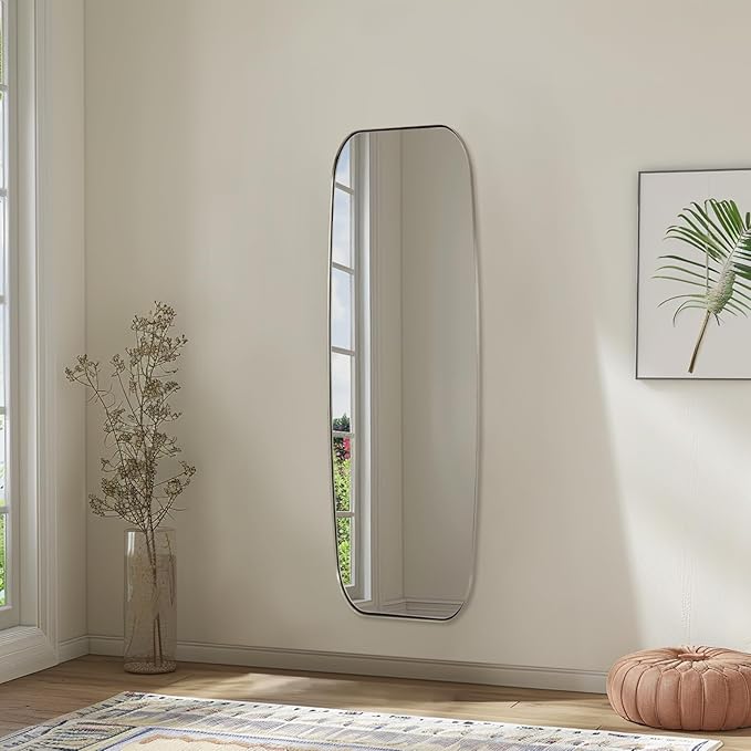 ANDY STAR 18x48 Full Length Wall Mirror, Brushed Nickel Oblong Shaped Body Mirror with Stainless Steel Metal Frame, Rounded Corner Design for Floor and Leaning