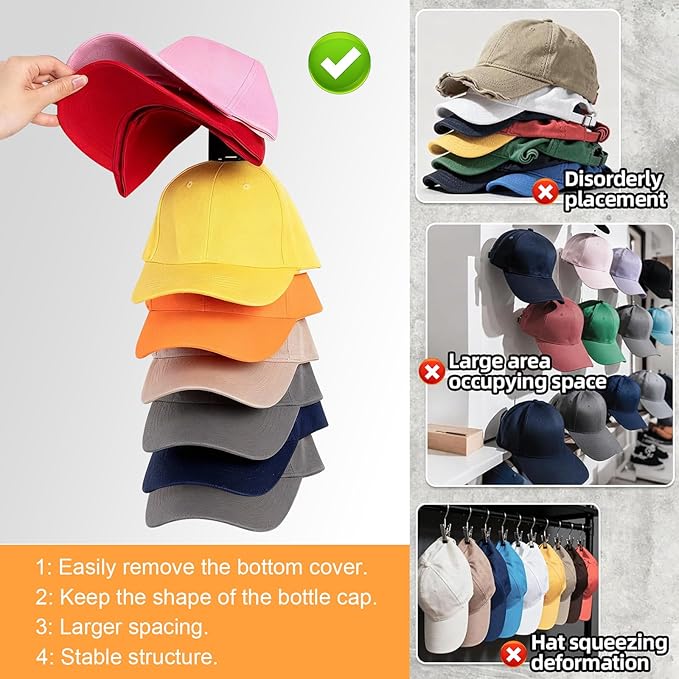 Vocanoe Hat Organizer for Baseball Caps, 2 Pack Hat Rack for Wall Strong Adhesive, Multilayer Hat Storage Holder, Wall Mounted Cap Racks for Closet Door and Bedroom