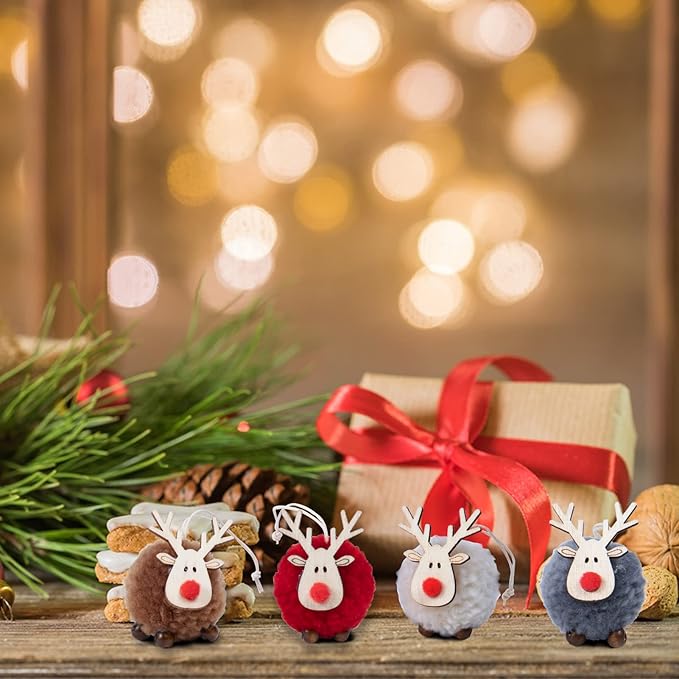 12 Pack Christmas Felt Elk Hanging Ornaments- Christmas Tree Wooden Reindeer Hanging Pendants Decorations for Xmas Party Tree Home Decor(4 Colors)
