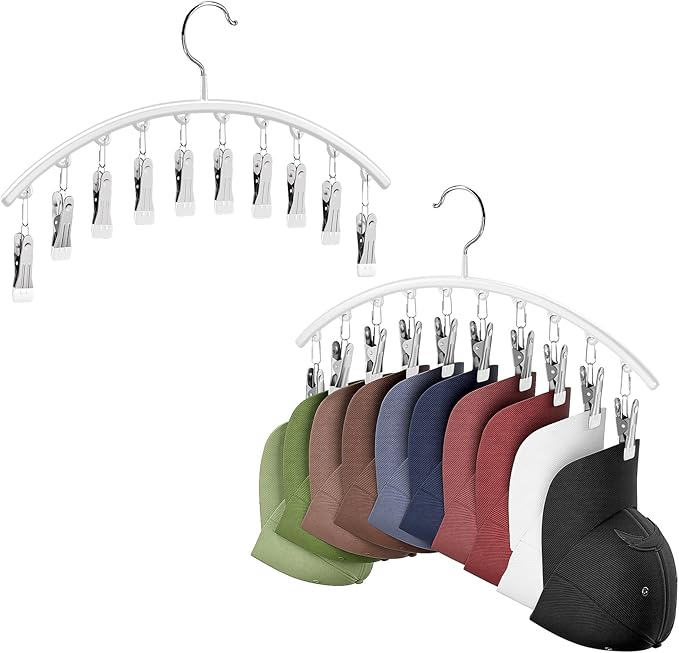Hat Hangers for Closet, Metal 2 Pack Hat Organizer Holder for Hanger Closet Display, Hat Racks for Baseball Caps w/10 Clips, Hat Holder for Ball Caps & Accessories, for Men Women, White