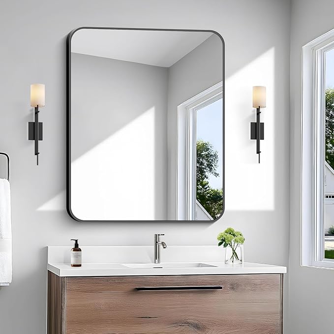 BONEWEI 30x36 inch Bathroom Mirror 2-Pack,Black Rectangle Mirror,Wall Mounted Bathroom Frame Vanity Mirror with Round Corner for Bedroom Living Room, Entryway Hangs Horizontal or Vertical