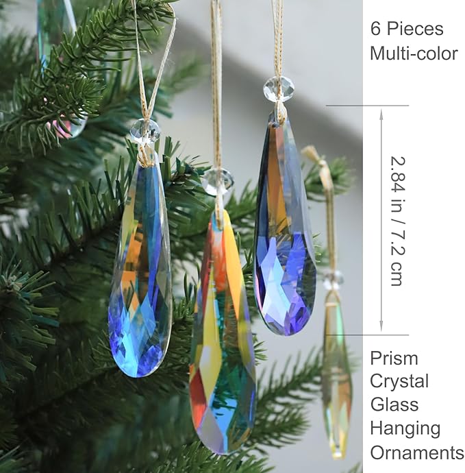 Crystal Glass Christmas Ornaments, 6Pcs Teardrop Prism Hanging Crystals for Christmas Tree,Centerpieces,Wedding,Party Decor (Multicolor)