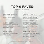 Top 6 Faves - Gift Set of 6 Premium Fragrance Oils - Love Spell, Tahitian Vanilla, Clean Cotton, Mango, Dragon's Blood and Monkey Farts - 10ML