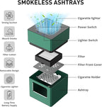 Aluminum Housing Smokeless Ashtray, Multifunctional 3 in 1 Smoke Ashtray with Lighter & USB Rechargeable, HEPA Filter, Home or Office (Green)