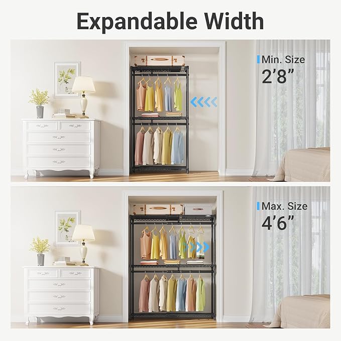 VIPEK X1 Plus Expandable Reach-in Closet Adjustable from 2'8" to 4'6" with Adjustable Shelves and Hanger Rods Clothes Rack Heavy Duty, Metal Clothing Racks Portable Walk-in Closet, Black