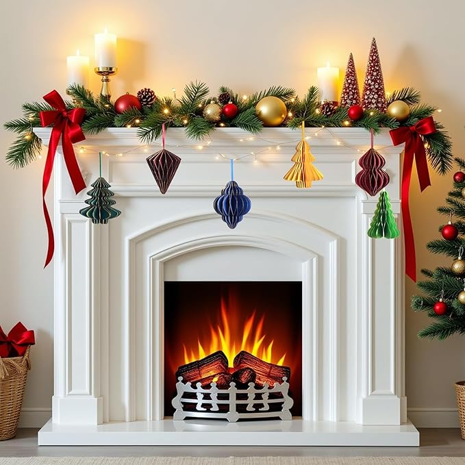 EASY JOY 6 PCS Christmas Honeycomb Paper Ornaments Paper Glitter Edged Small Christmas Tree Ornaments Decorative Hanging Ornaments for New Years Party,Winter Xmas Party,Holiday Home Decor