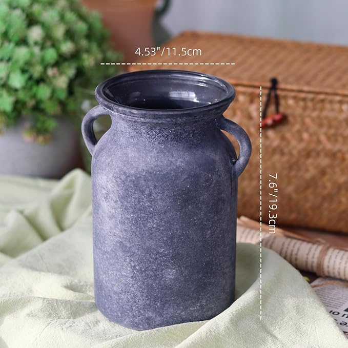 Black Glass Vase with Handles - Rustic Imitation Ceramic Flower Vase 8 Inches, Vintage Matte Black Centerpiece Decor for Modern Farmhouse, Industrial Home, Gothic & Minimalist Table Decorations