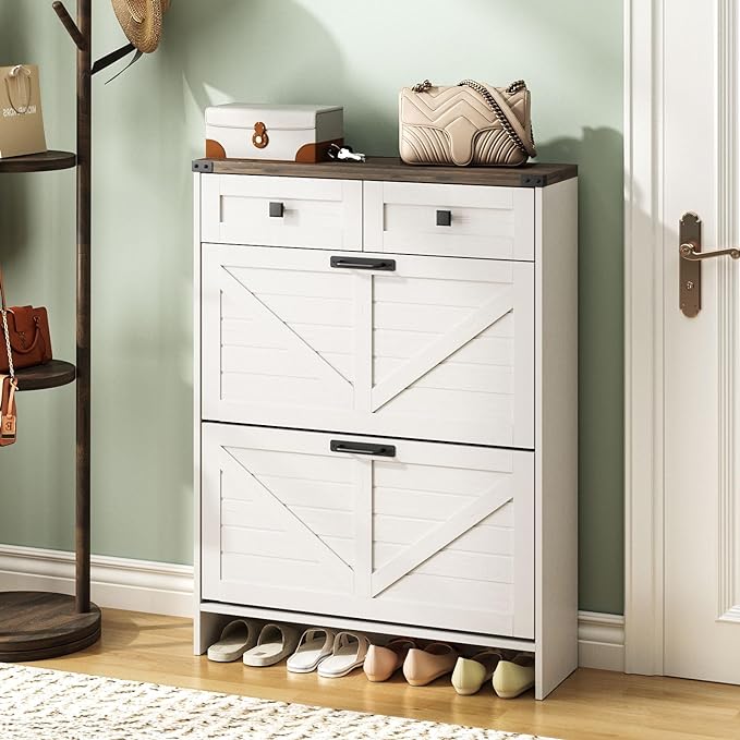 Shoe Cabinet with 2 Flip Drawers & 2 Drawers,Farmhouse Shoe Storage Cabinet for Entryway,Slim Freestanding Narrow Organizer Rack for Front Door Entrance,White