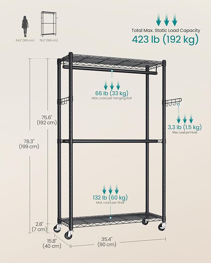 SONGMICS Heavy-Duty Rolling Clothes Rack, Garment Rack, Portable Closet on Wheels, with Adjustable Mesh Shelves and Hanging Rails, Hooks, 15.8 x 35.4 x 78.3 Inches, Ink Black ULGR416BH01