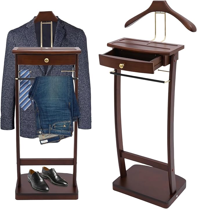 Freestanding Wood Mens Valet Stand with Drawer, Clothes Butler with Base, Suit Hanger Rack for Office Living Room Bedroom