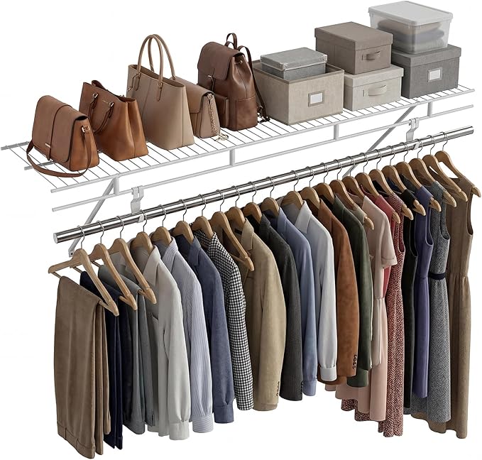 COSTWAY Closet Shelves Wall Mounted, Closet Shelf with Hanging Rod, Ventilated Metal Wire Shelving Kit, Wire Wall Shelf for Laundry Room, Bedroom, Home, Mounting Accessories Included (4 ft x 12 in)