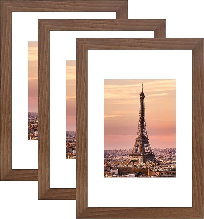 8x12 Picture Frame 3 Pack - Brown Poster Frame Display Pictures 6x8 with Mat or 8 x 12 Without Mat for Wall Hanging Horizontal and Vertical
