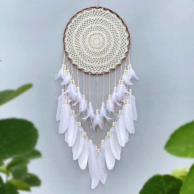 Large White Dream Catcher, Handmade Big Dream Catchers for Bedroom Wall Hanging Wedding Party Decor with a Greeting Card Gift (11.8 Inches in Diameter)