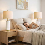 USumkky 25.75" Off-White Ceramic Table Lamp Set of 2, Mid Century Modern Bedside Nightstand Lamps for Bedroom Living Room, Linen Shade & Gold Metal Base, Rotary Switch E26 (Bulbs Excluded)