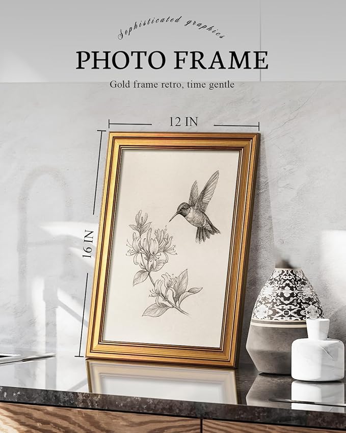 VIYYIEA Vintage Gold Framed Wall Art for Living Room, Bird & Flower Canvas Prints Home Decor, Sketch Painting Picture, Bedroom Wall Decor Gifts for Friends or Family -【Wings and Blooms】-(16L x 12W)