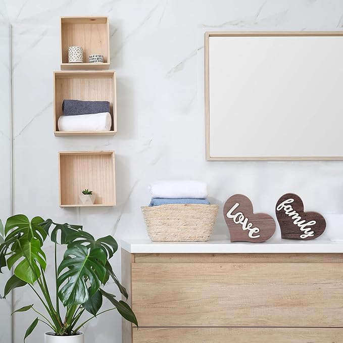 Jetec 2 Pieces Heart Shaped Wooden Decor - Rustic Family Love Table Centerpiece for Home, Living Room, Bedroom, Kitchen, Office - Ideal Housewarming and Wedding Decoration