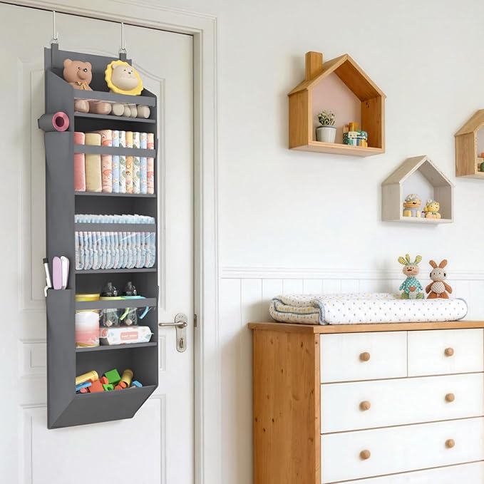 Lifewit 1 Pack Over the Door Organizer, Clear Window Hanging Storage with 4 Side Pockets, Anti Tilt 40 lbs Load Behind Door for Pantry, Nursery, Bathroom, Bedroom, Dorm, 5 Section, Gray
