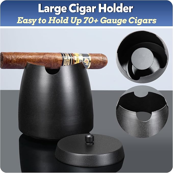 Cigar Ashtray with Lid for Outdoors Indoors Outside Patio Home Black Decor,Large Holder Ash tray Windproof,Cigar Accessories Gift for Men Dad Husband Boyfriend (Large)