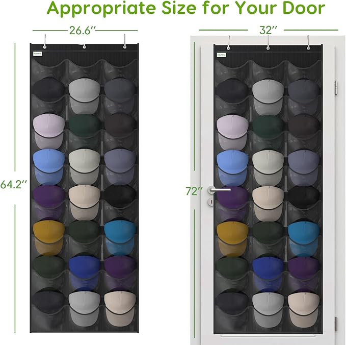 Unjumbly Baseball Hat Rack, 24 Pocket Over-The-Door Hat Organizer with Clear Deep Pockets to Display Baseball Caps Collection, Complete with 3 Over Door Hooks (Black, 24 Pockets)