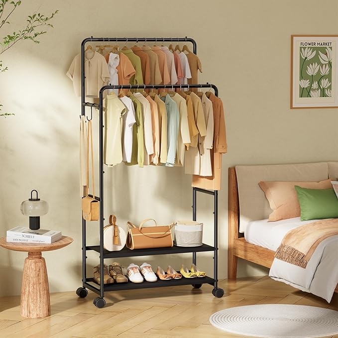 Simple Trending Clothes Rack, Rolling Clothing Rack With Shelves Load 450 LBS, Double Rod Clothing Racks with Wheels for Hanging Clothes, Black