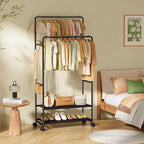 Simple Trending Clothes Rack, Rolling Clothing Rack With Shelves Load 450 LBS, Double Rod Clothing Racks with Wheels for Hanging Clothes, Black