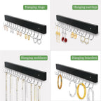 Necklace Holder Wall Mounted Jewelry Organizer - 2 Pack Wooden with 28 Hooks, Hanging Earring & Ring Bracelet Storage, Decorative Space-Saving Jewelry Display (Black)