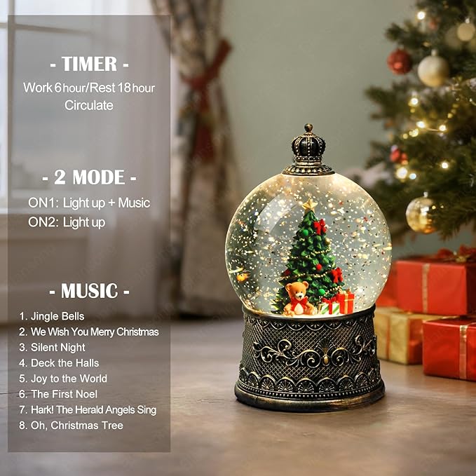 Christmas Tree Snow Globe Christmas Decorations Indoor Gifts Auto Snowfall Glitter Music Collection Teddy Bear Gift Box with 6H Timer USB/Battery Powered 105mm Globe