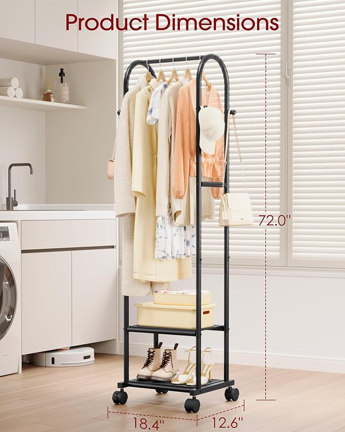 Heavy Duty Premium Clothes Rack with 2-Tier Mesh Shoe Shelves & 4 Hooks, Lockable Wheels, Space-Saving, Multi-Functional for Bedroom, Entryway, Closet, Modern Design, 18.4" x 12.6" x 72", Black