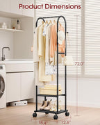 Heavy Duty Premium Clothes Rack with 2-Tier Mesh Shoe Shelves & 4 Hooks, Lockable Wheels, Space-Saving, Multi-Functional for Bedroom, Entryway, Closet, Modern Design, 18.4" x 12.6" x 72", Black