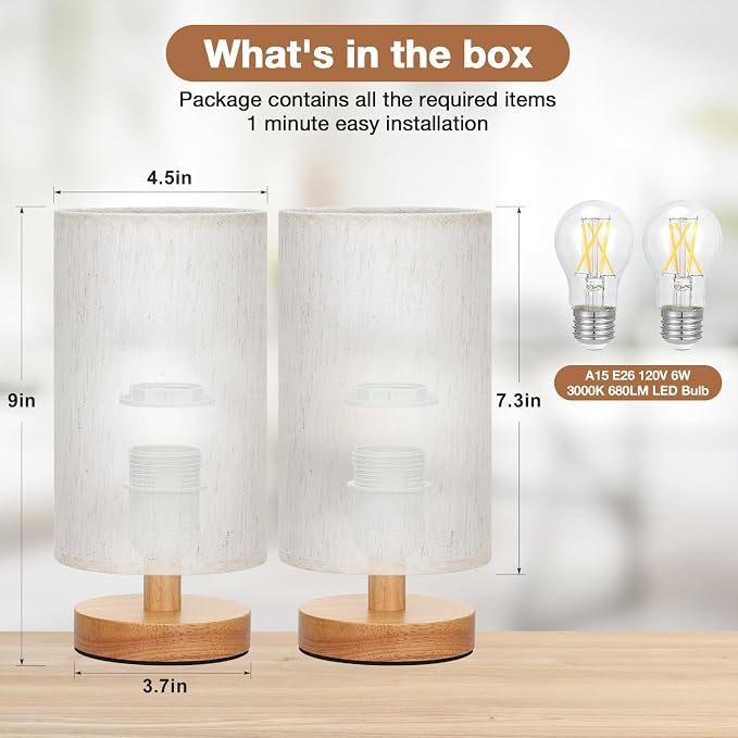 Fenmzee Small Lamps Set of 2 - Inline Control, Bedside Table Lamp for Bedroom with 3000K A15 LED Blub, Easy Assembly (Cream Shade - Wood Base Set of 2, 9" Inline Control)