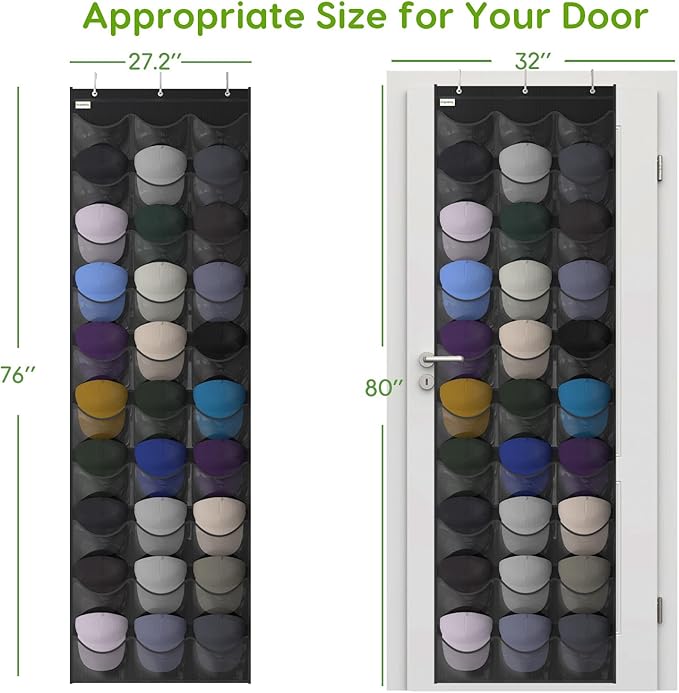 Unjumbly Baseball Hat Rack, 30 Pocket Over-The-Door Hat Organizer with Clear Deep Pockets to Display Baseball Caps Collection, Complete with 3 Over Door Hooks (Black, 30 Pockets)