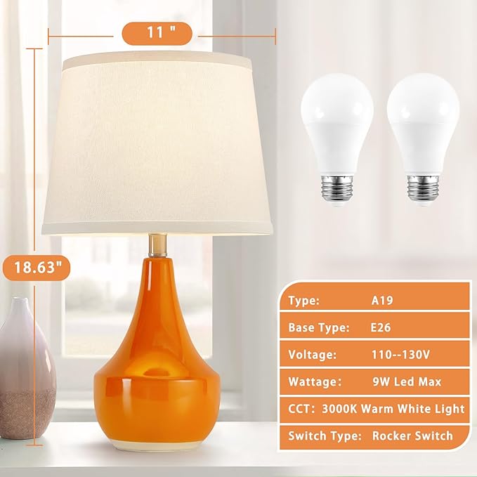 GyroVu 18" Table Lamp Set of 2, Ceramic Lamp Classic Beside Lamps Nightstand Lamp Modern Table Lamp for Living Room, Bedroom & Office Rocker Switch Orange-LED Bulbs Included