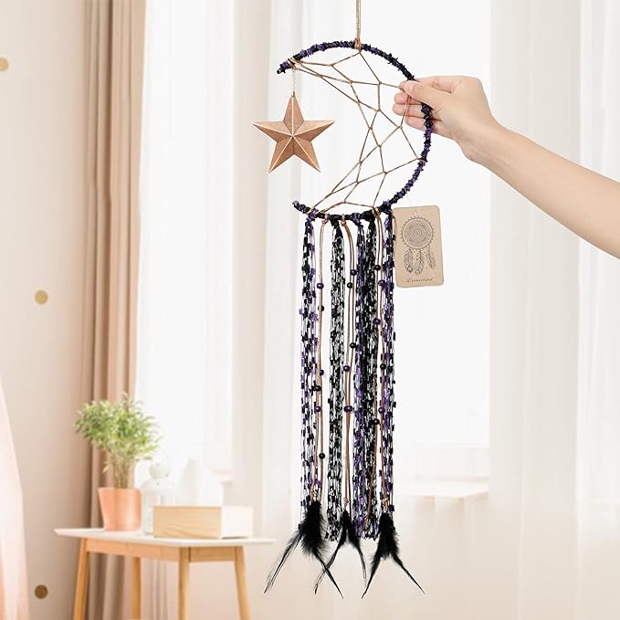 Dremisland Moon Dream Catcher Handmade Half Circle Moon Design Dream Catcher Feather Hanging with Star Home Decoration Ornament Festival Gift (Purple)