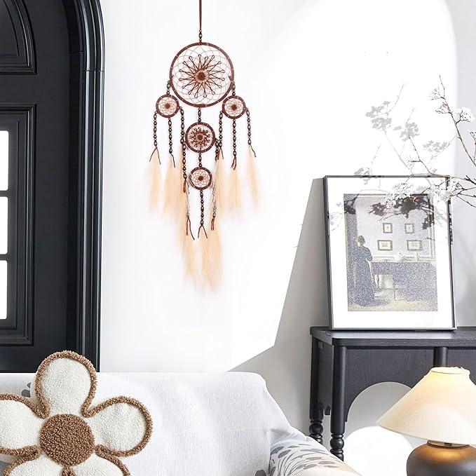 Pretty Jolly Pampas Grass Dream Catchers Wall Decor with Handmade Large Red Native Americans Witch Dreamcatcher with Wood Beads for Adults Bedroom Wedding Garden Bless Birthday Gift-5 Rings