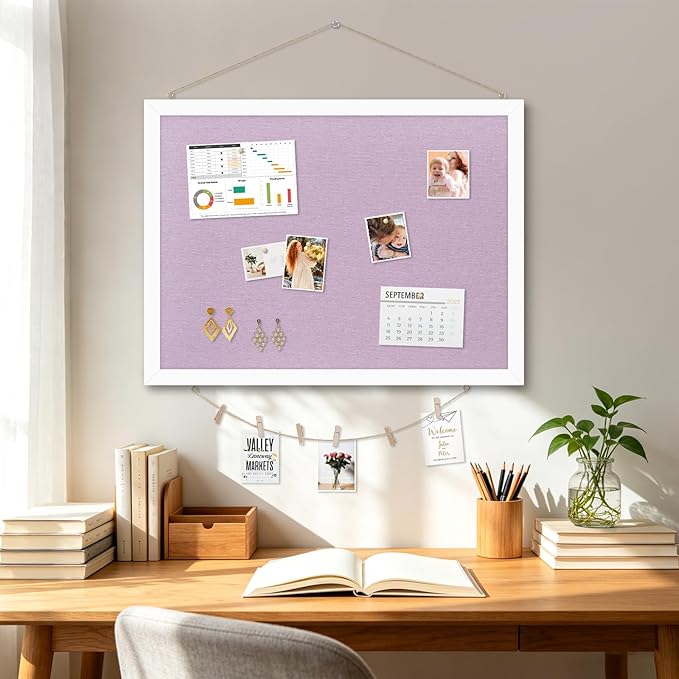 DOLLAR BOSS Bulletin Board with Linen Double-Sided 36" x 24" Linen Cork Boards for Walls Picture Display Vision Board for Office Home School Framed Picture Pin Board, 20 Pushpins 10 Clips, Purple