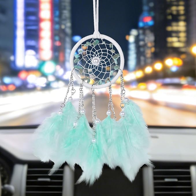 Pretty Jolly Crystal Stone Small Dream Catchers Mint Green Feathers Mini Dreamcatchers with Beads for Cars Rear View Mirror Hanging Decoration Good Luck Travel Charm Bedroom Ornaments for Women Girls