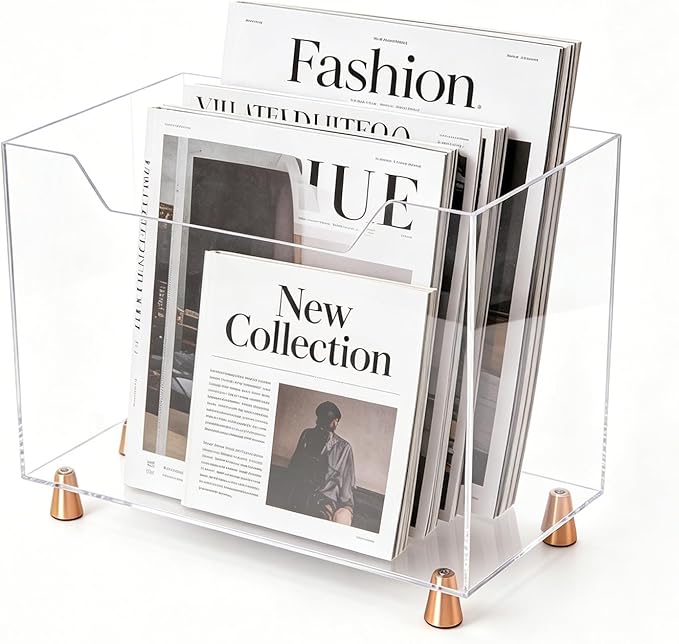 Acrylic Magazine Holder, Crystal Clear Magazine Rack Floor with Metal Feet, Files Newspapers Book Organizer for Bathroom, Living Room, Home Office